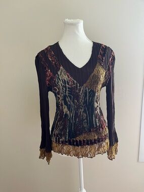 Brown Multicolor V-Neck Long Sleeve Lace-Trim Top